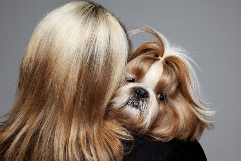 A dog owner hugging their dog.
